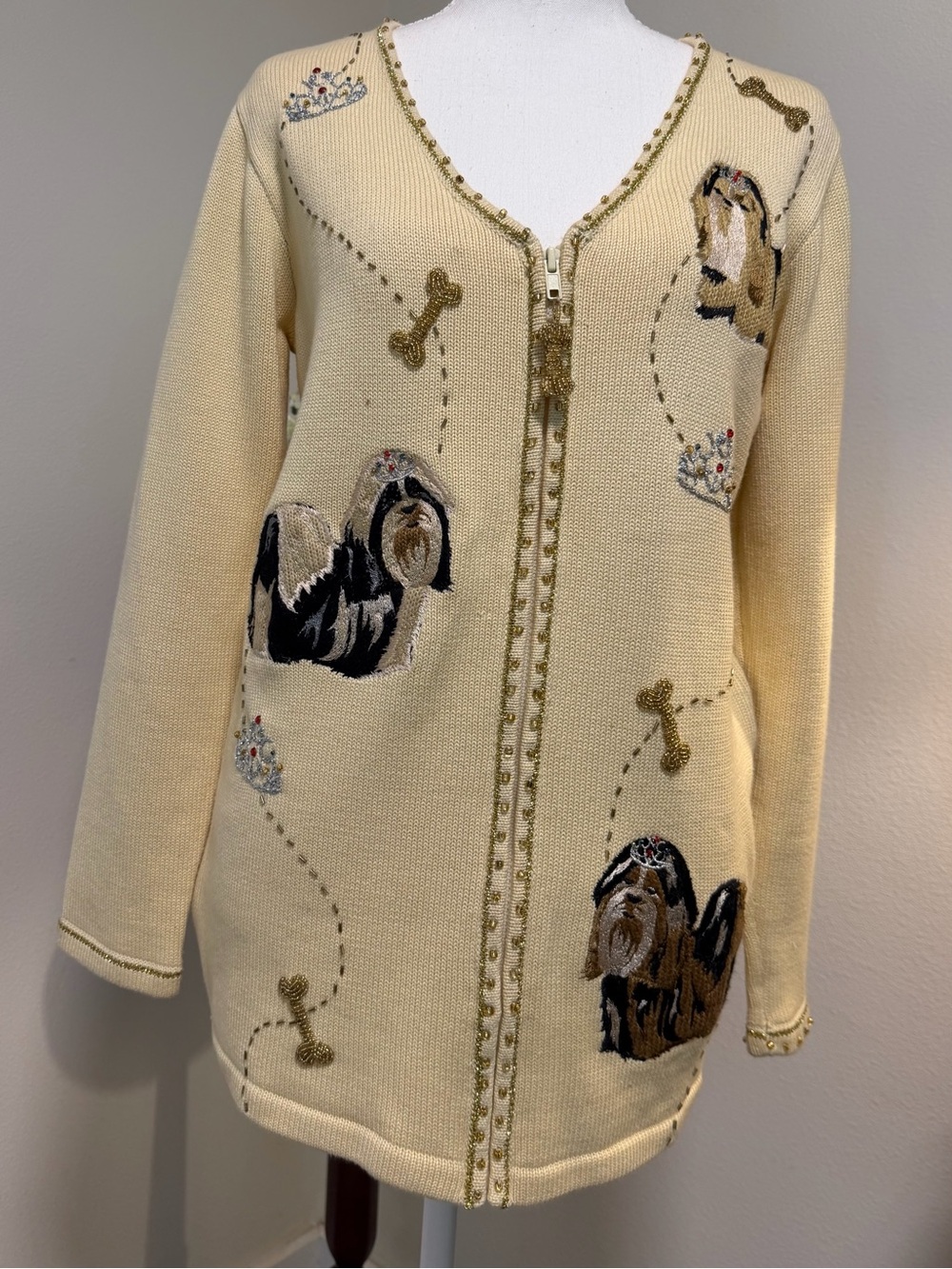 Storybook Knits Cream Zip Cardigan with Embroidered Shih Tzu Dogs Gold Trim